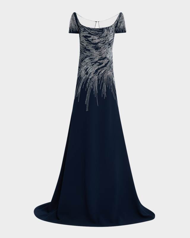 Embellished Cap-Sleeve Illusion Gown